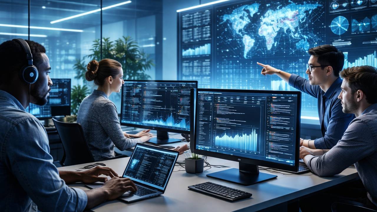 Software engineers working on advanced digital systems